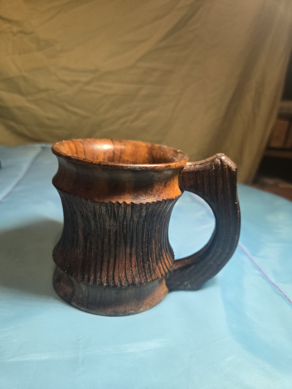 Rare Vintage 60s MCM Hawaii Hand Carved Monkey Pod Hardwood Wooden Mug Cup Bar